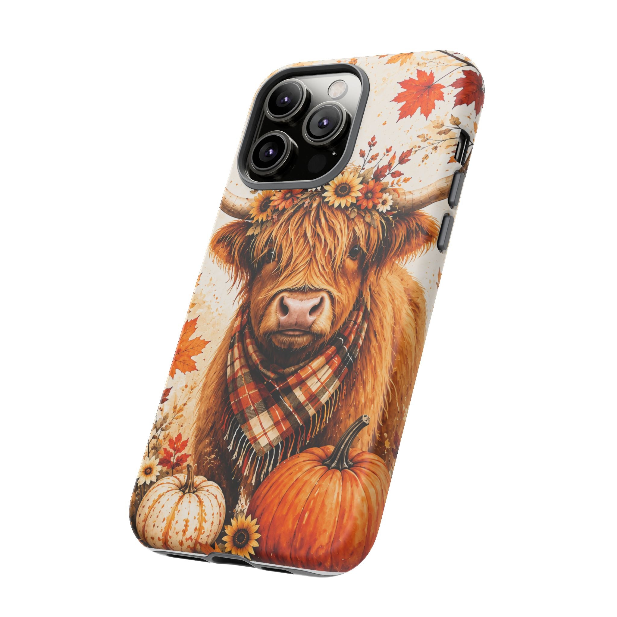 Autumn Highland Cow Phone Case — Fall Pumpkin & Sunflower Tough Case