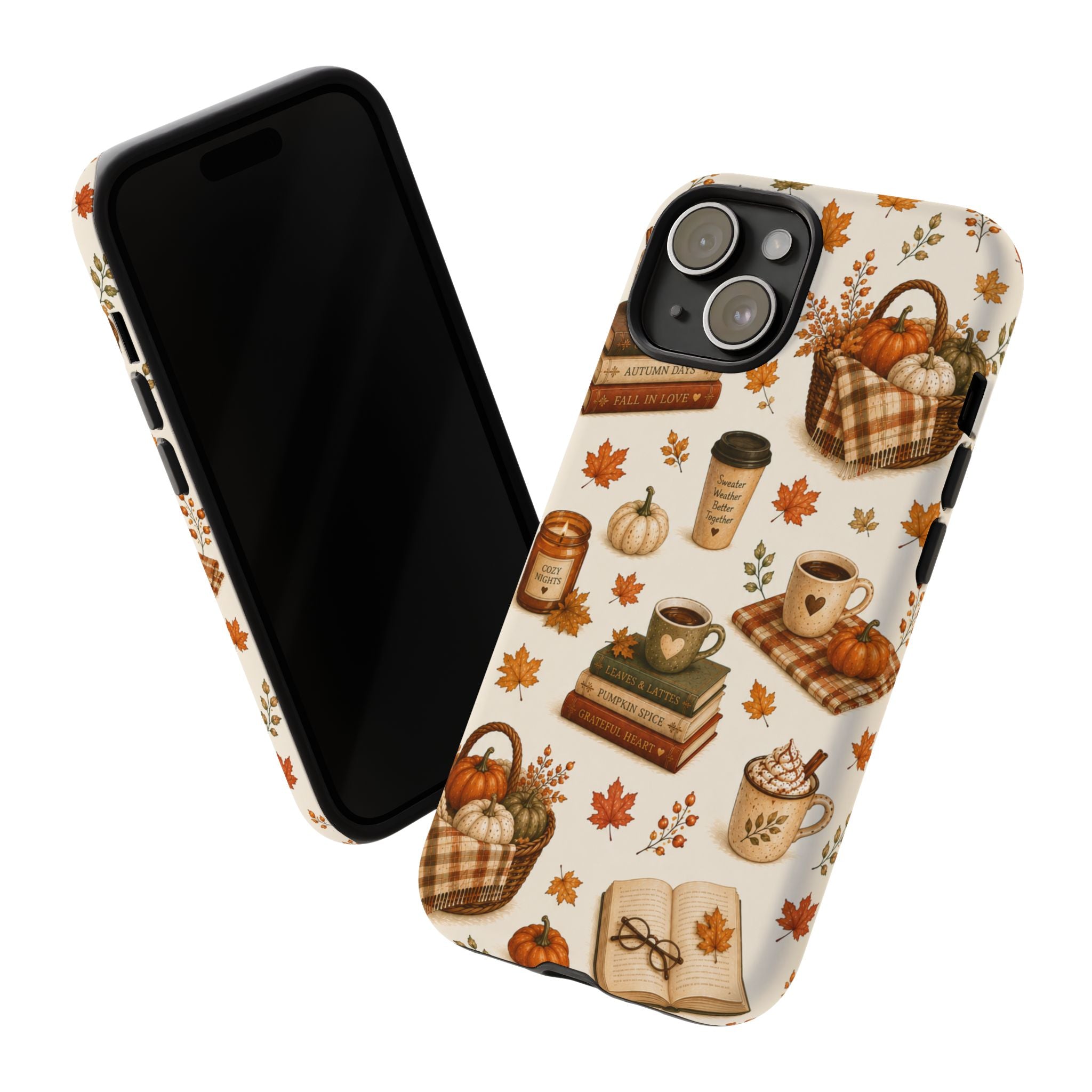Autumn Cozy Phone Case — Fall Pumpkins, Coffee & Books Pattern