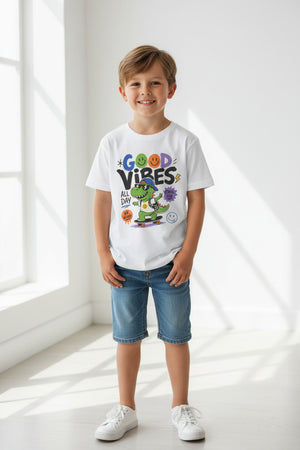 Good Vibes Skate Dino Youth Tee – Cool Kid Graphic Shirt