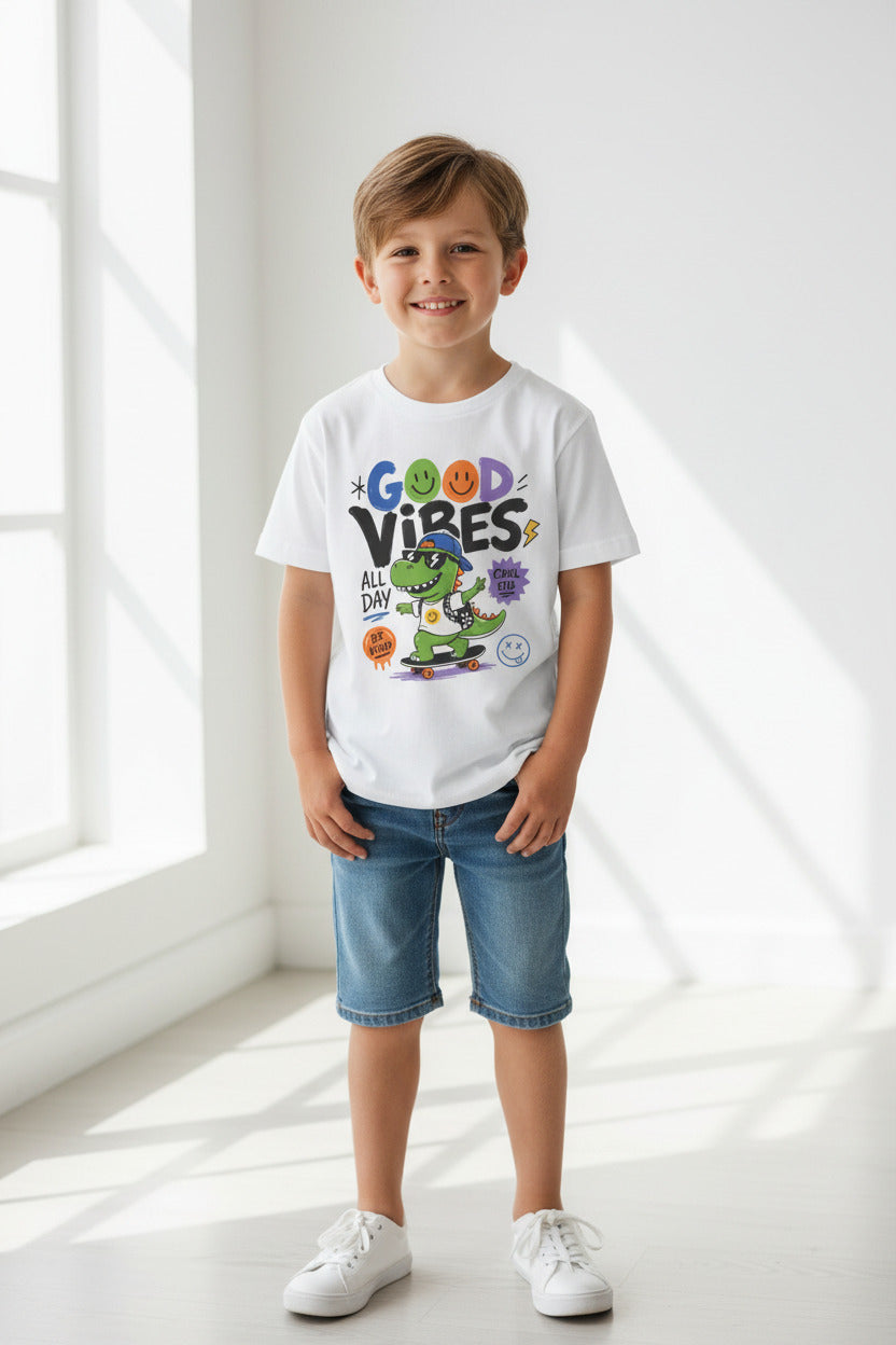 Good Vibes Skate Dino Youth Tee – Cool Kid Graphic Shirt