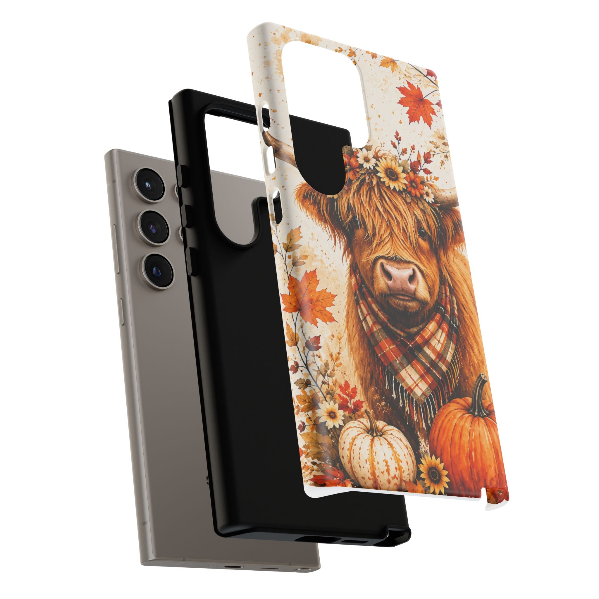Autumn Highland Cow Phone Case — Fall Pumpkin & Sunflower Tough Case