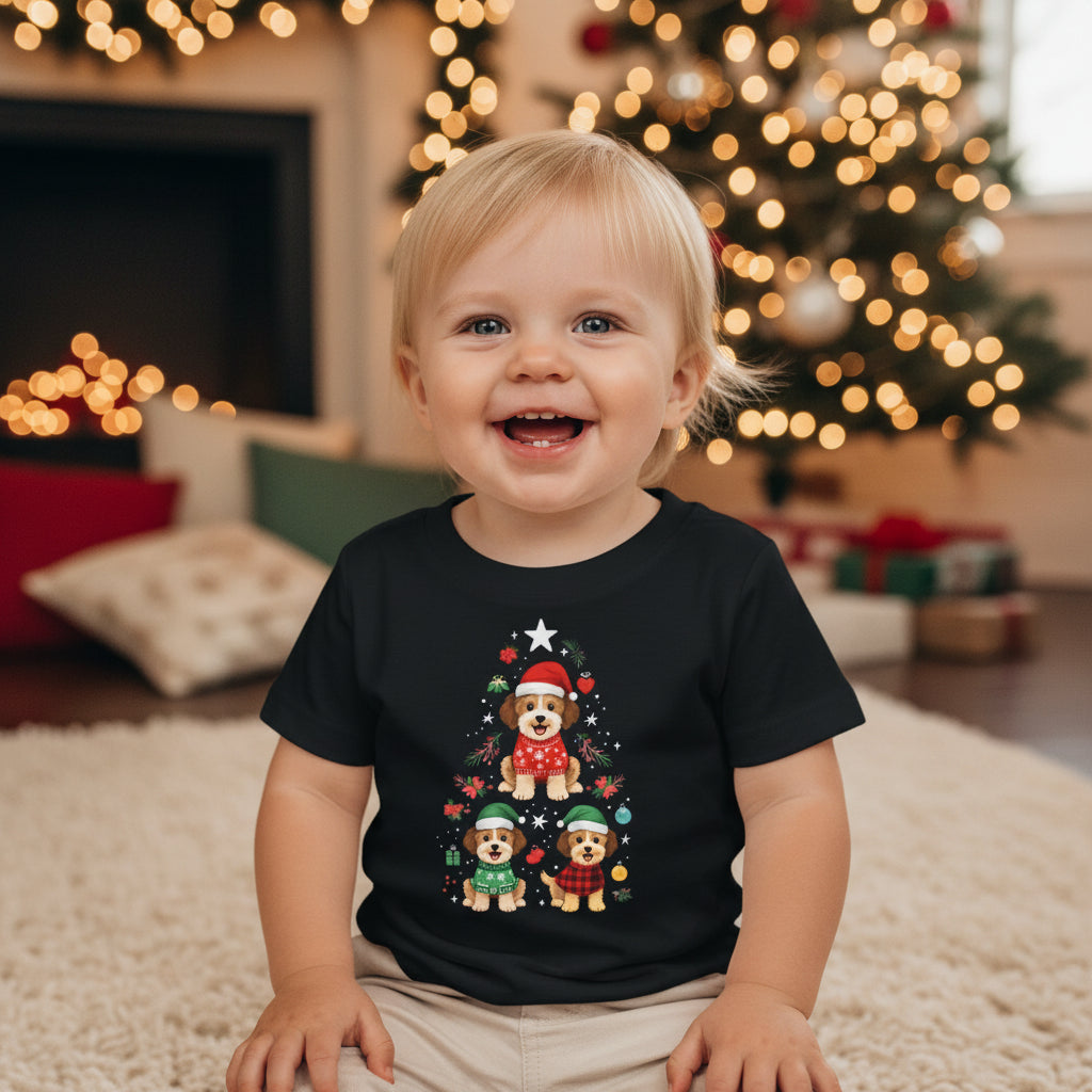 Infant Tee — Christmas Puppies Tree Holiday Baby Shirt (Santa Hats)
