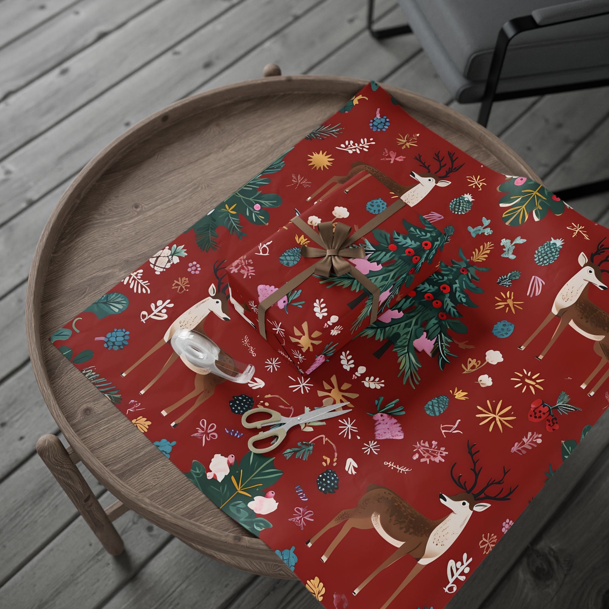 Christmas Reindeer Wrapping Paper Roll — Festive Red Holiday Gift Wrap with Trees & Ornaments