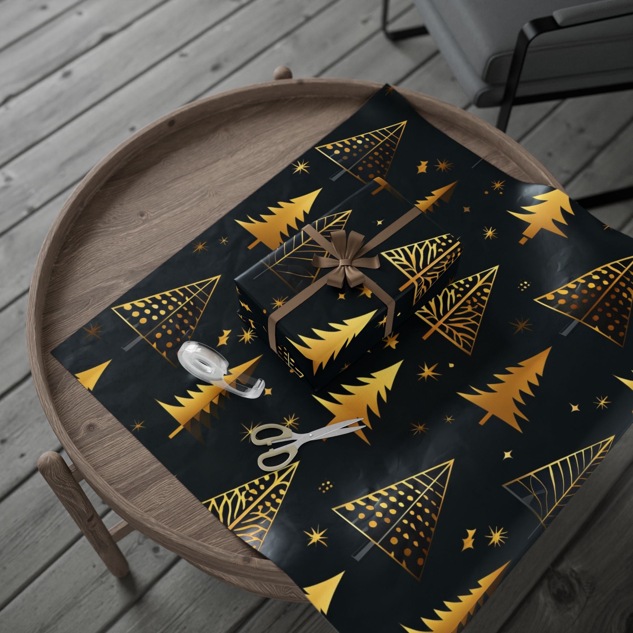 Gold Christmas Trees Wrapping Paper — Elegant Black & Gold Holiday Gift Wrap