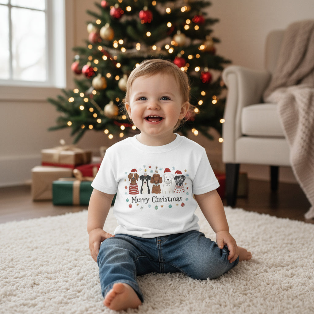Kids Christmas Dogs Tee — 'Merry Christmas' Santa Hat Pup Shirt