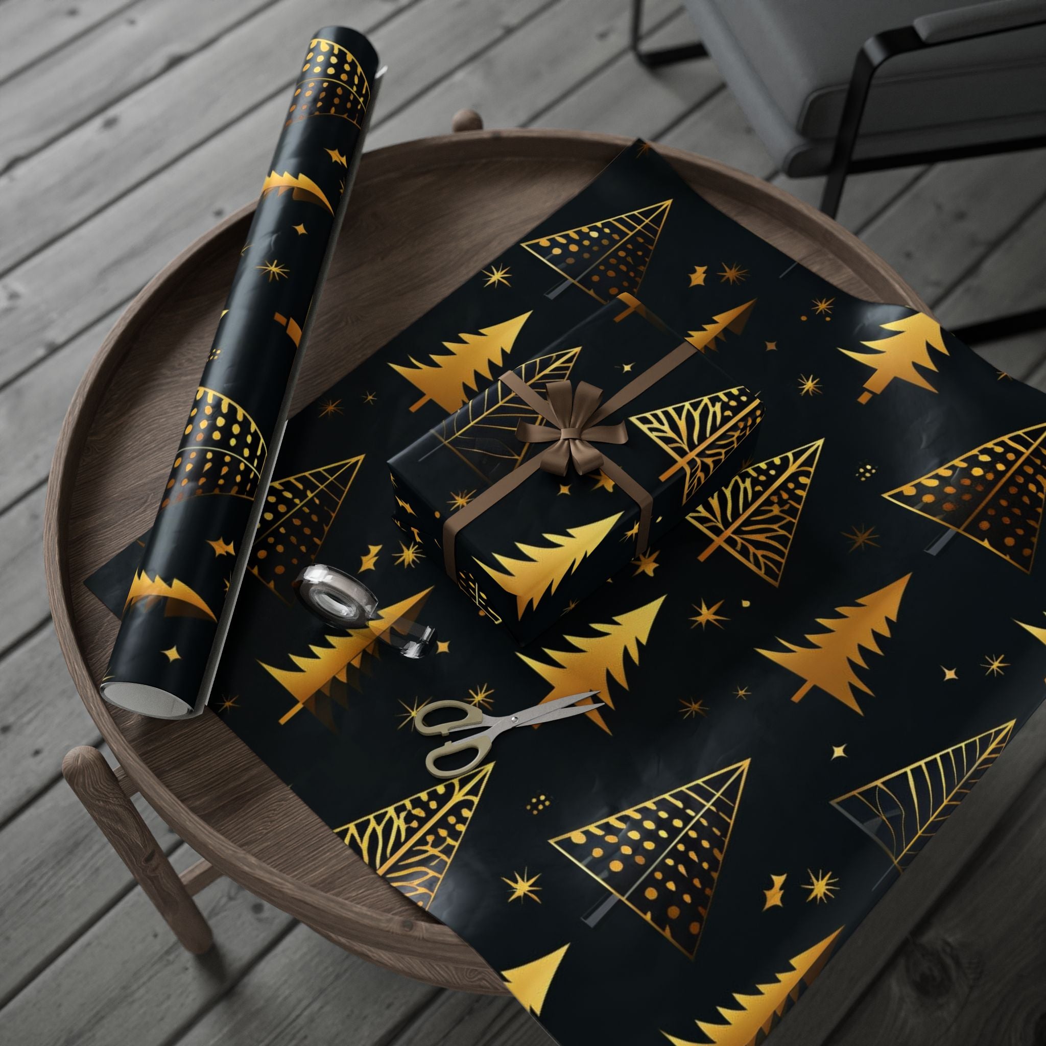 Gold Christmas Trees Wrapping Paper — Elegant Black & Gold Holiday Gift Wrap