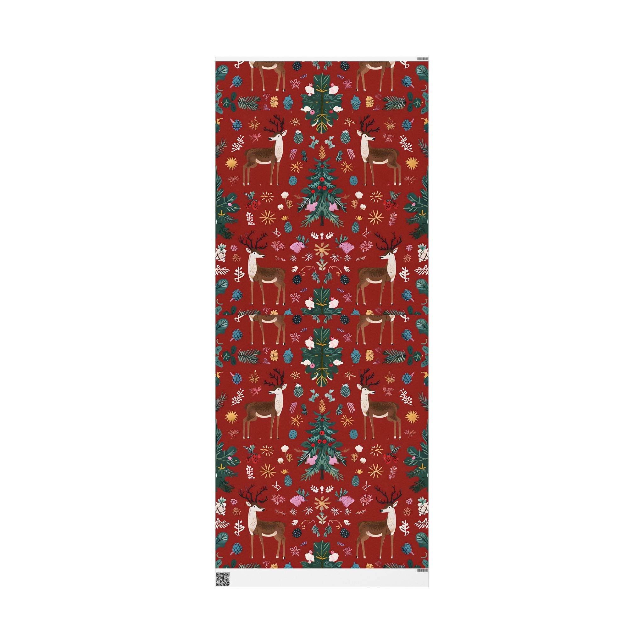 Christmas Reindeer Wrapping Paper Roll — Festive Red Holiday Gift Wrap with Trees & Ornaments