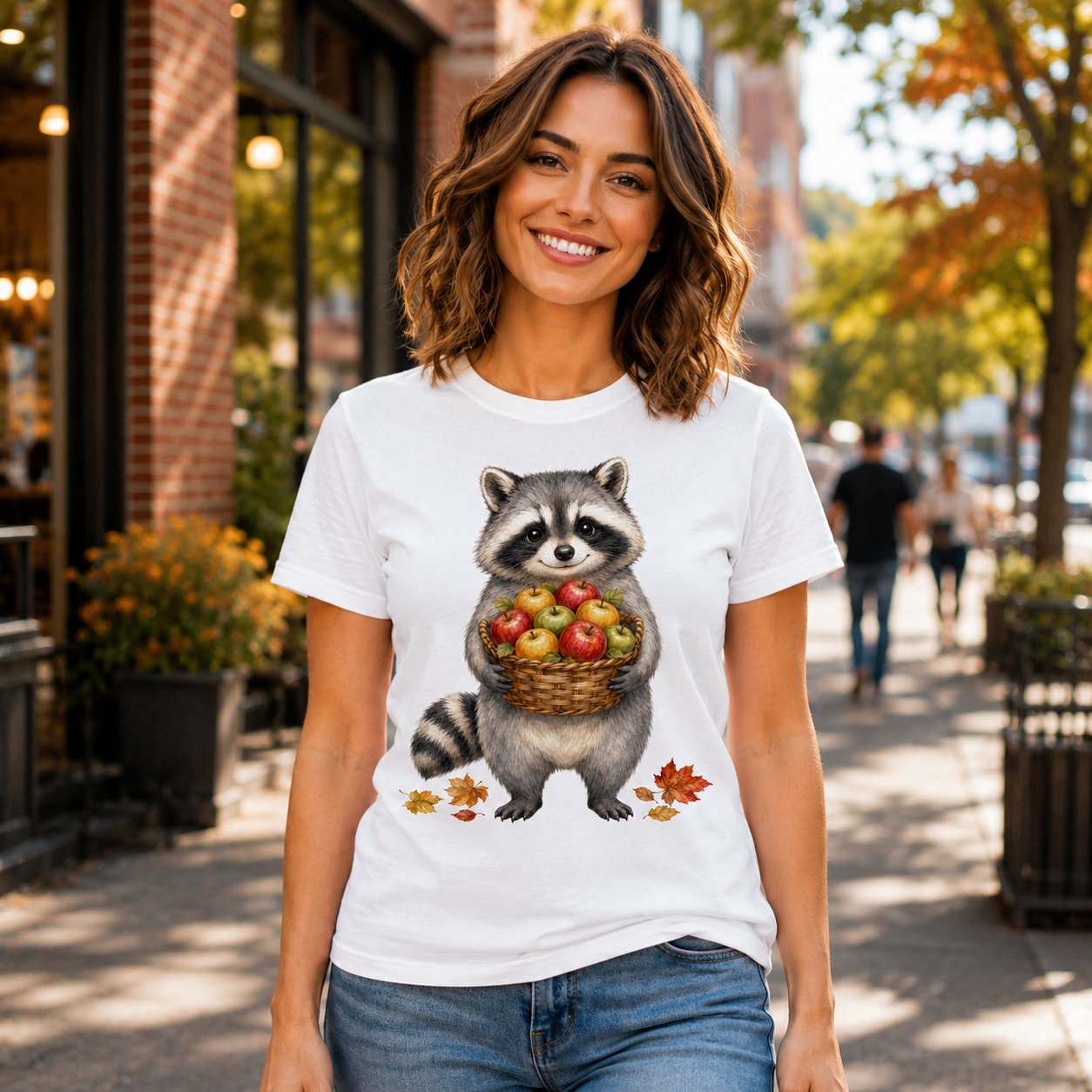 Raccoon Holding Apples T-Shirt — Cute Autumn Fall Harvest Tee