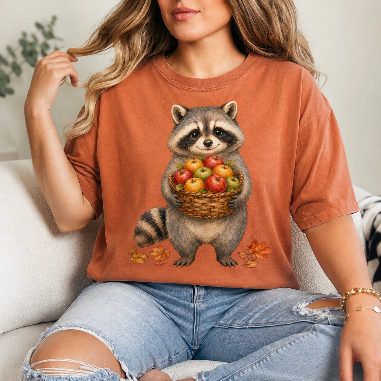 Raccoon Holding Apples T-Shirt — Cute Autumn Fall Harvest Tee