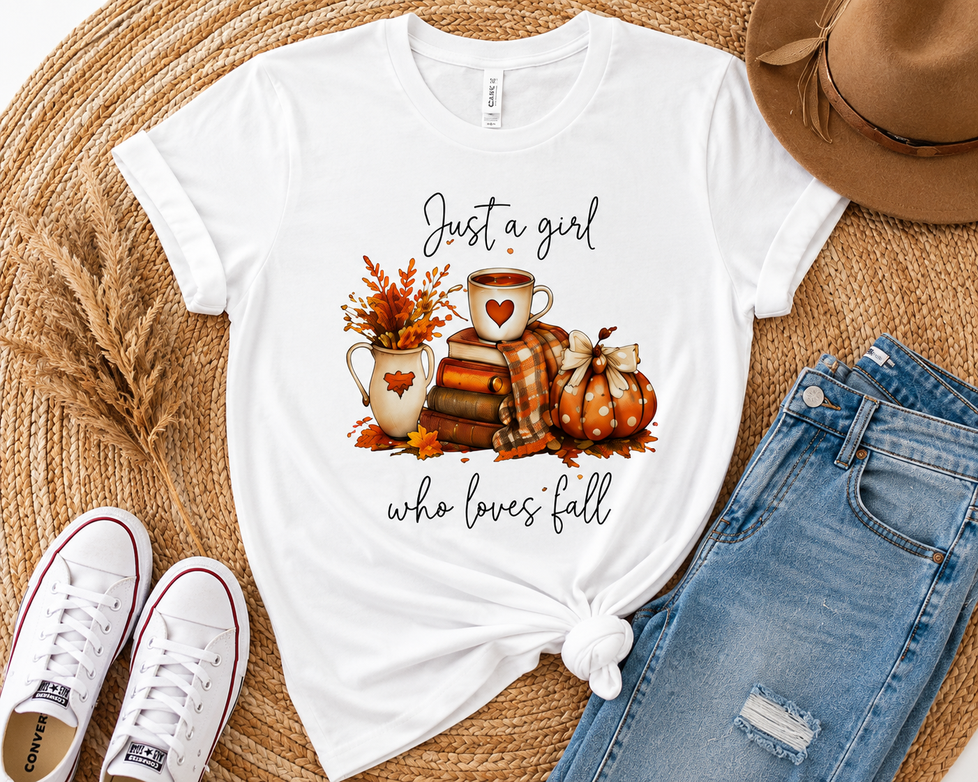 Fall Graphic T-Shirt — "Just a Girl Who Loves Fall" Cozy Pumpkin & Coffee Tee