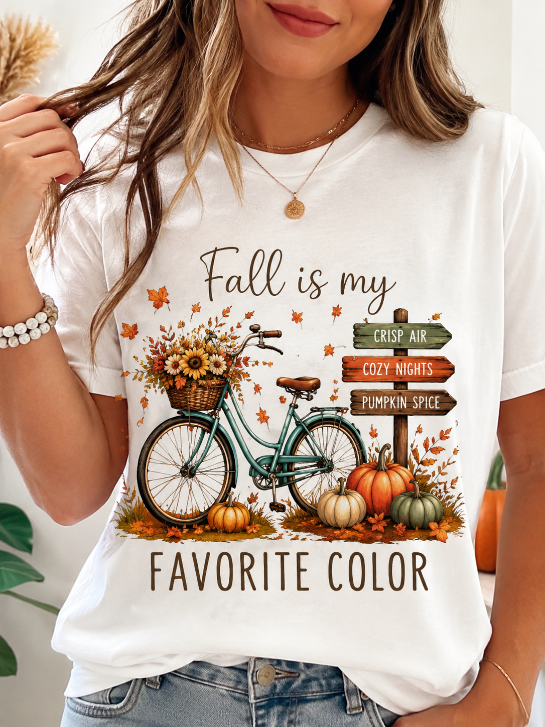 Fall Is My Favorite Color T-Shirt — Autumn Bike, Pumpkins & Cozy Signs