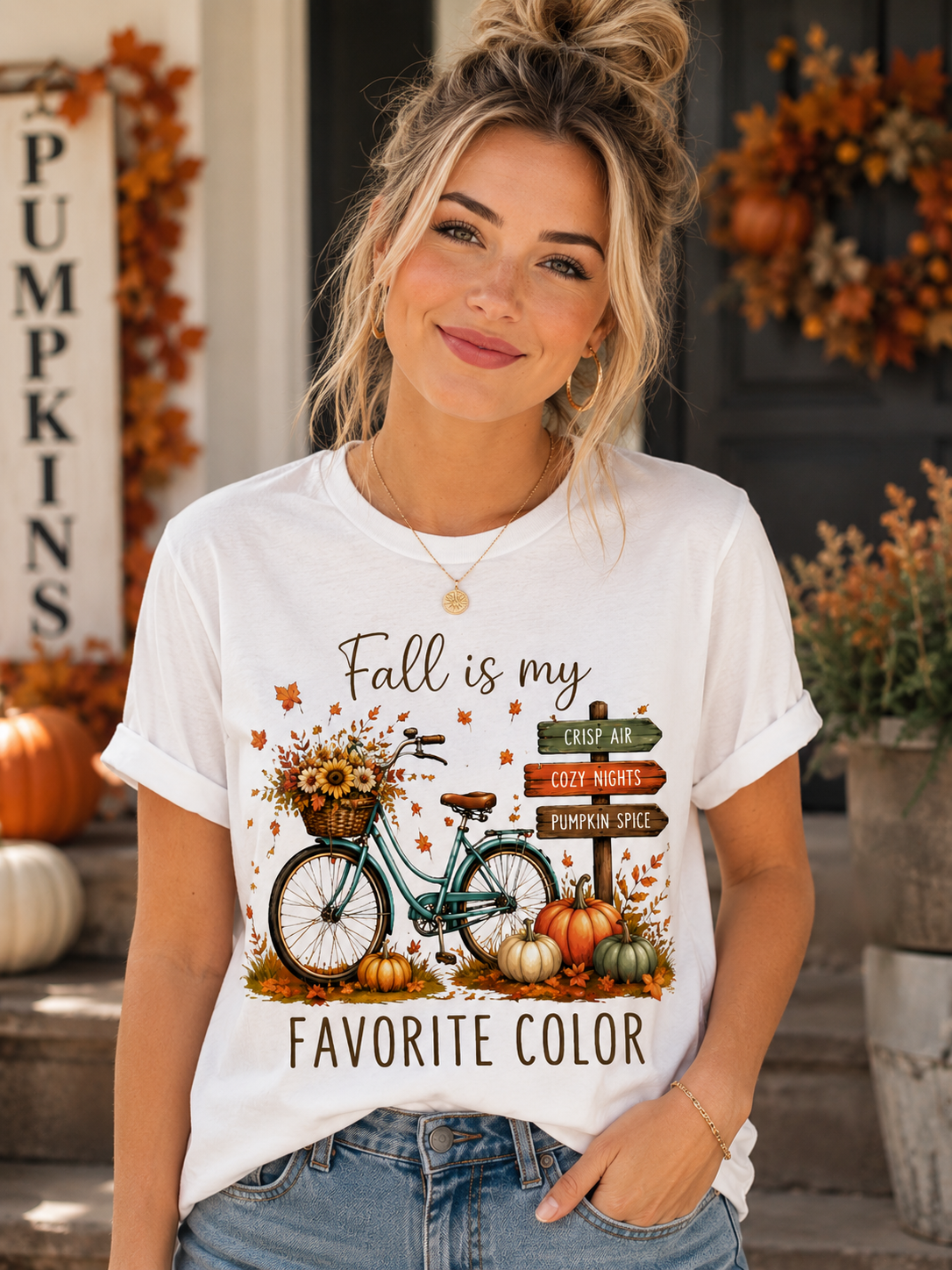 Fall Is My Favorite Color T-Shirt — Autumn Bike, Pumpkins & Cozy Signs