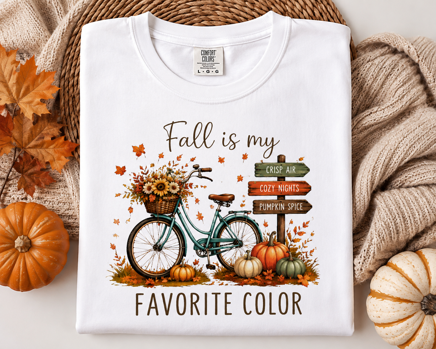 Fall Is My Favorite Color T-Shirt — Autumn Bike, Pumpkins & Cozy Signs