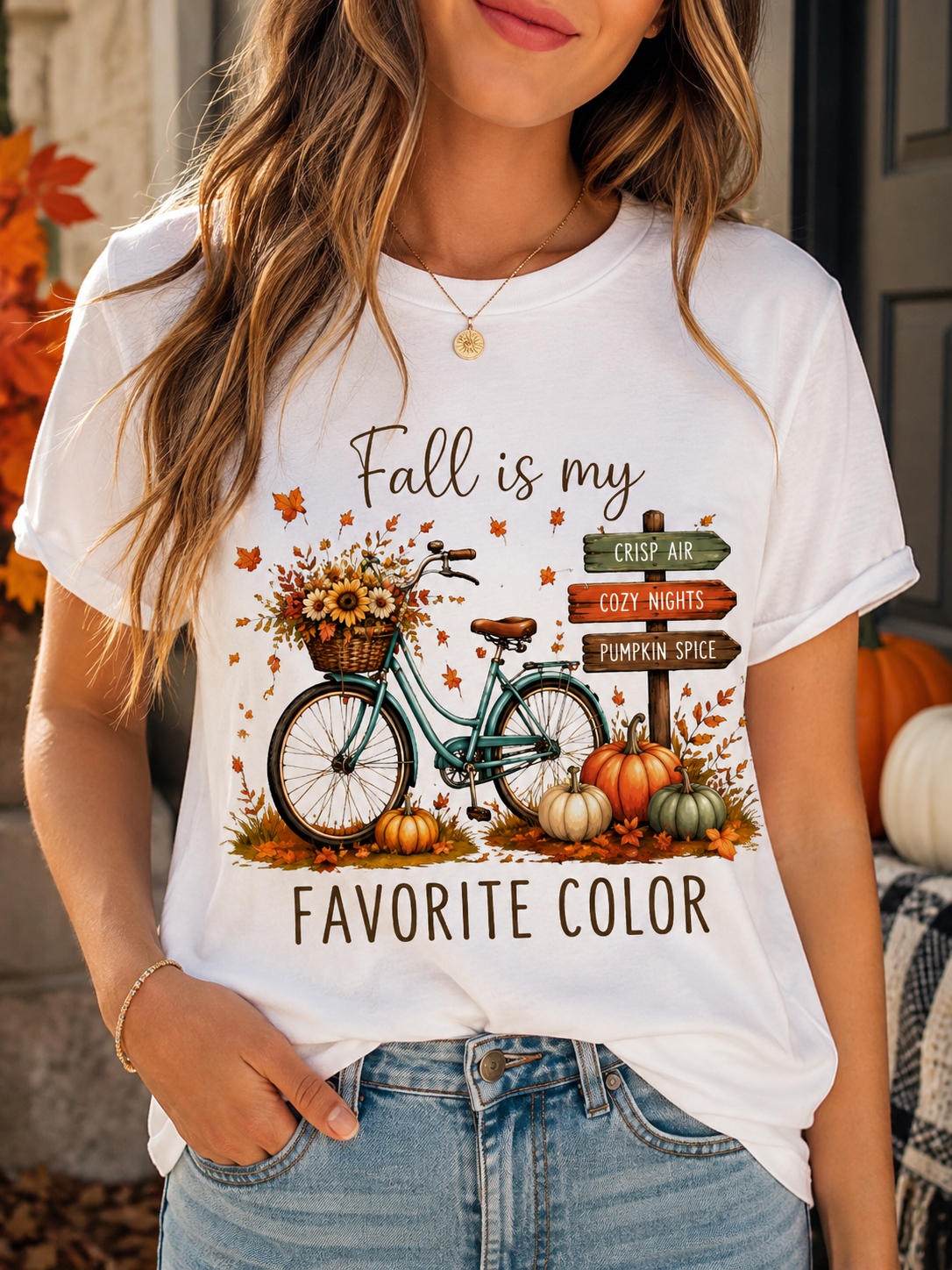 Fall Is My Favorite Color T-Shirt — Autumn Bike, Pumpkins & Cozy Signs