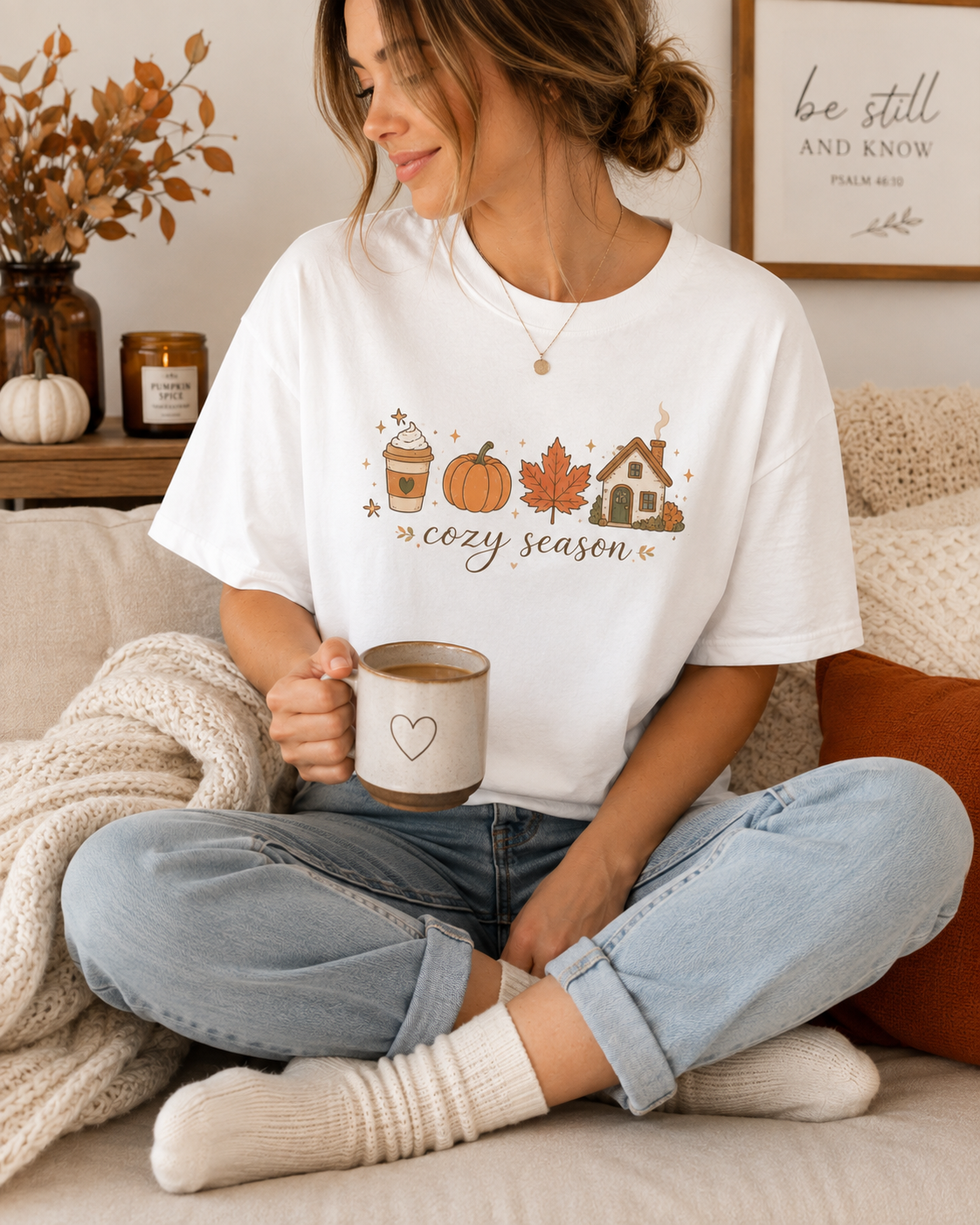 Cozy Season T-Shirt — Autumn Coffee, Pumpkins & Books Graphic Tee