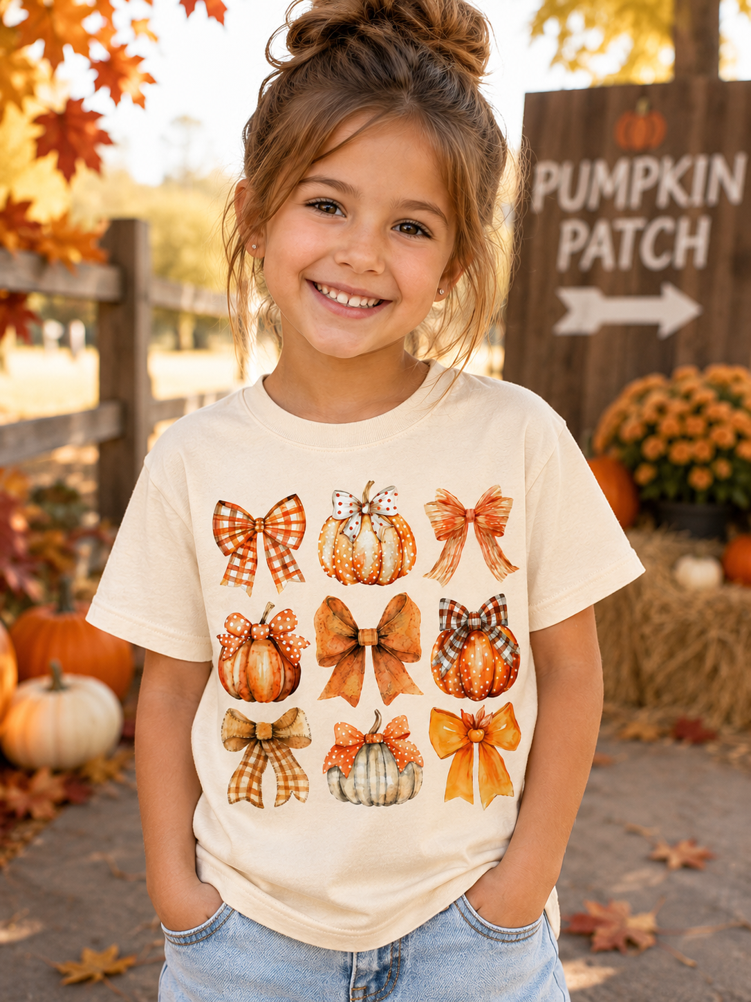 Kids Fall Pumpkin & Bows Tee – Autumn Harvest Youth Shirt