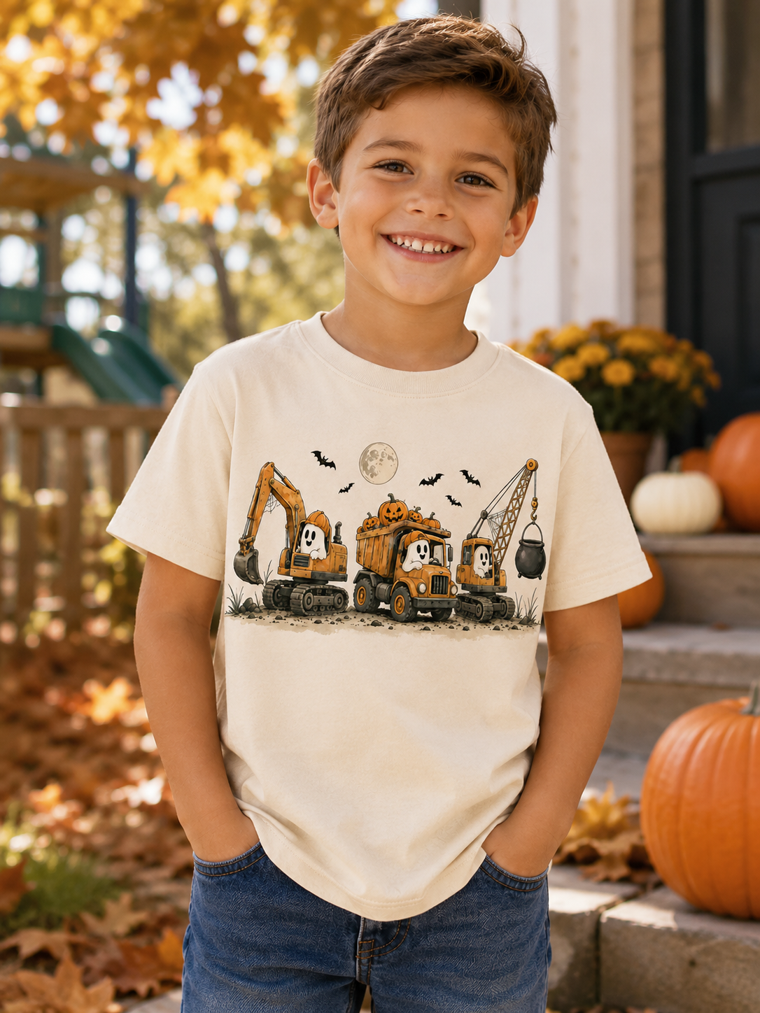 Construction Trucks Youth Tee - Excavator, Bulldozer & Crane Kids Shirt