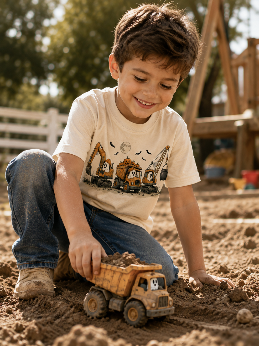 Construction Trucks Youth Tee - Excavator, Bulldozer & Crane Kids Shirt