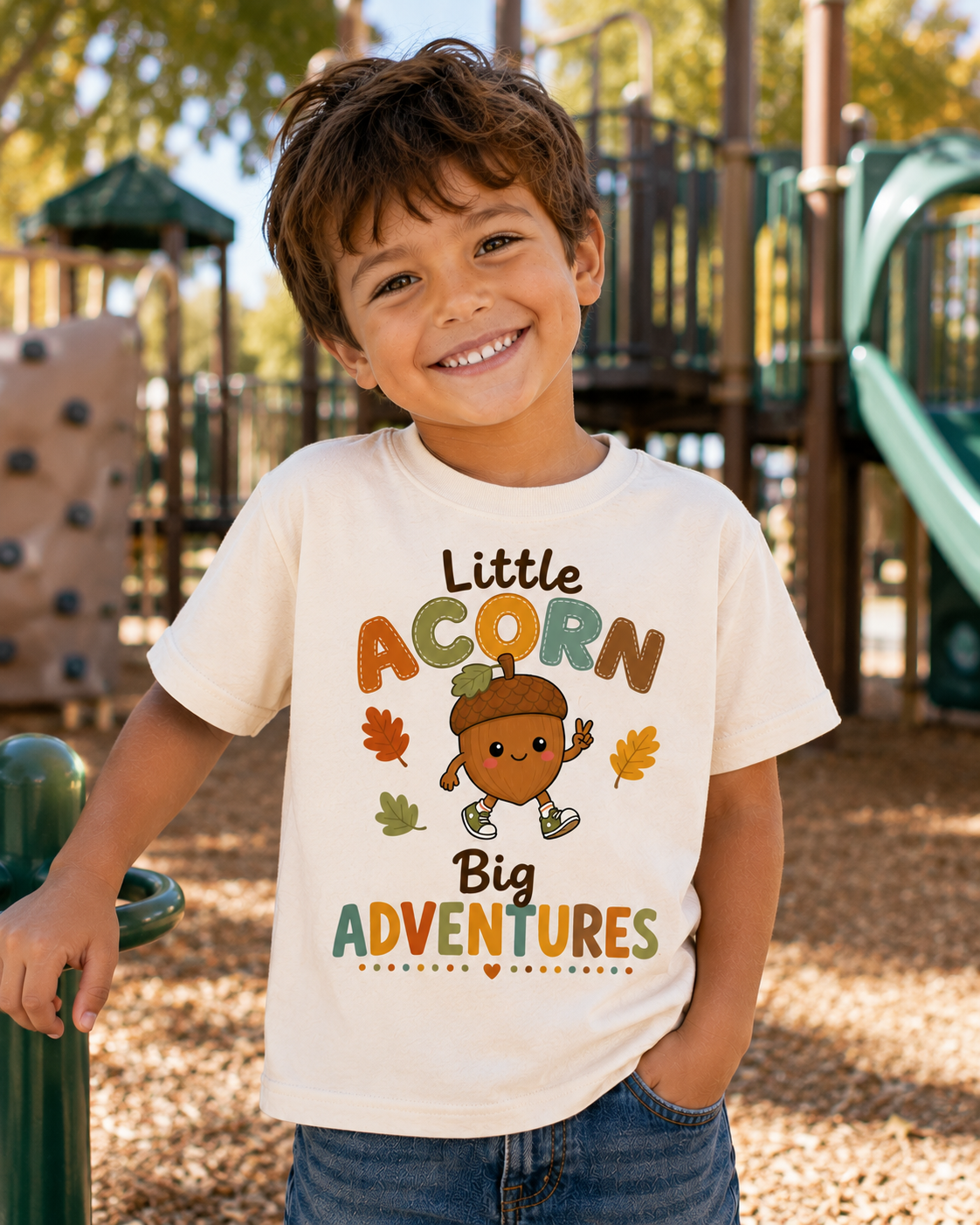 Youth Tee — "Little Acorn, Big Adventures" Fall Kids Shirt