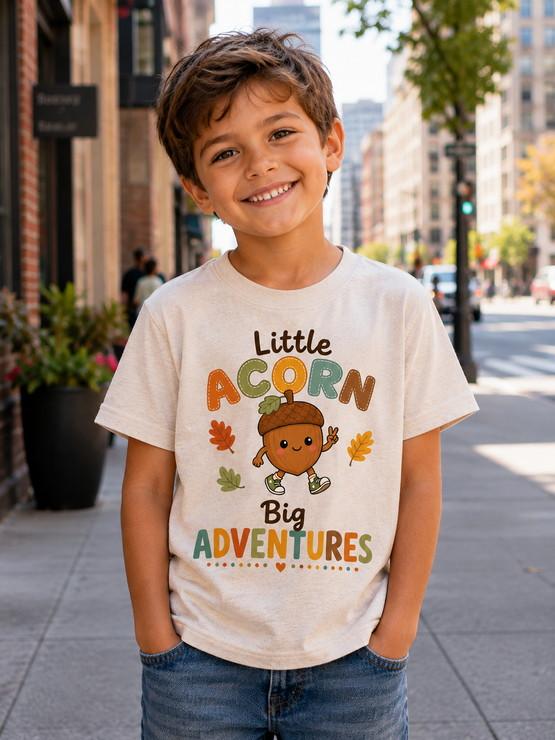 Youth Tee — "Little Acorn, Big Adventures" Fall Kids Shirt