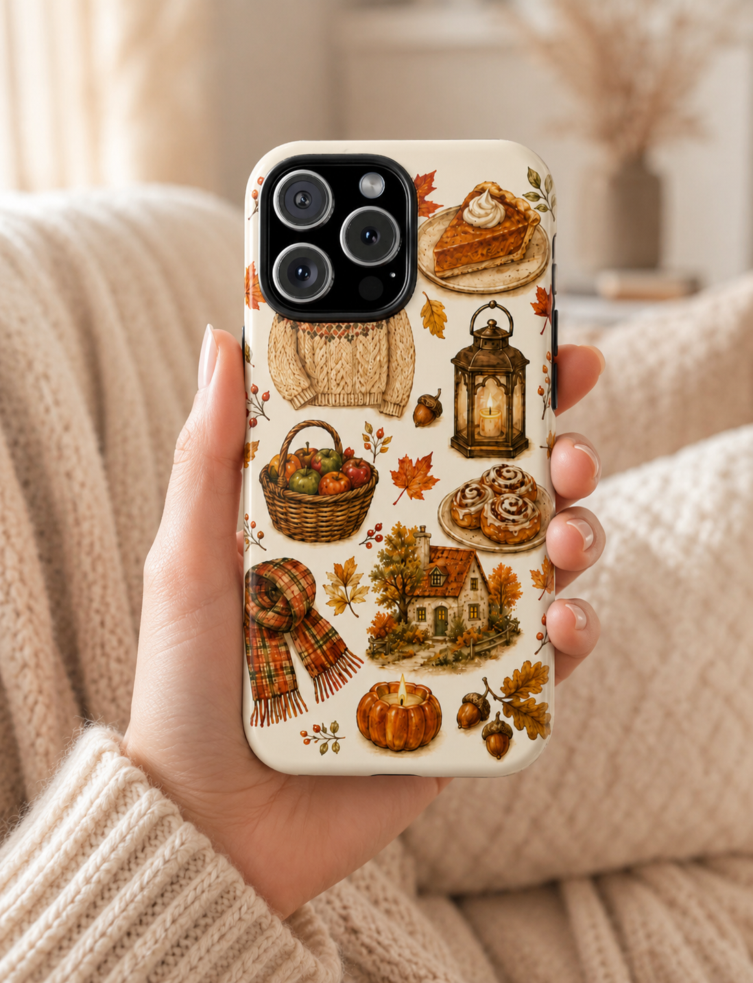 Autumn Cozy Phone Case – Fall Sweater, Pumpkin & Lantern Tough Case
