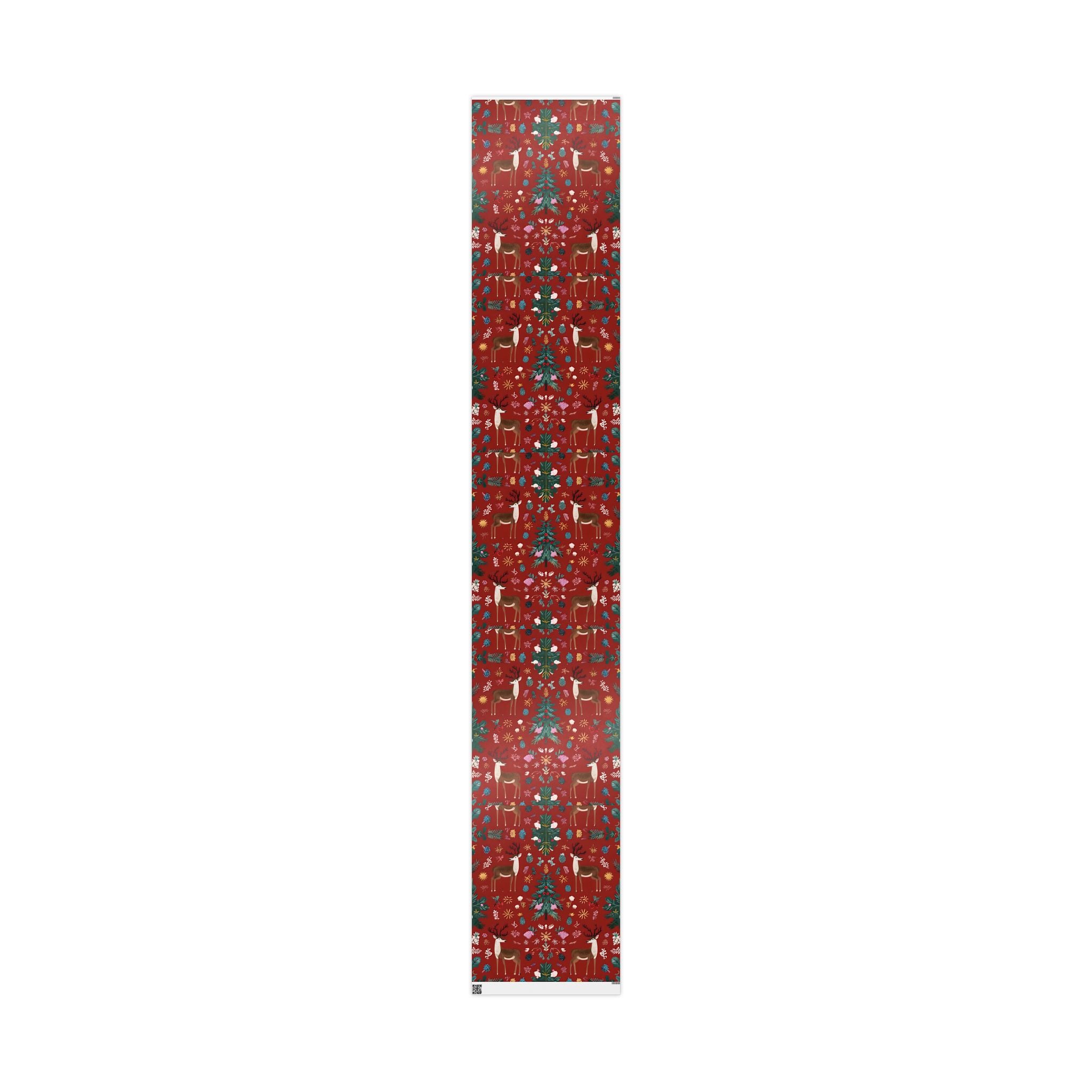 Christmas Reindeer Wrapping Paper Roll — Festive Red Holiday Gift Wrap with Trees & Ornaments