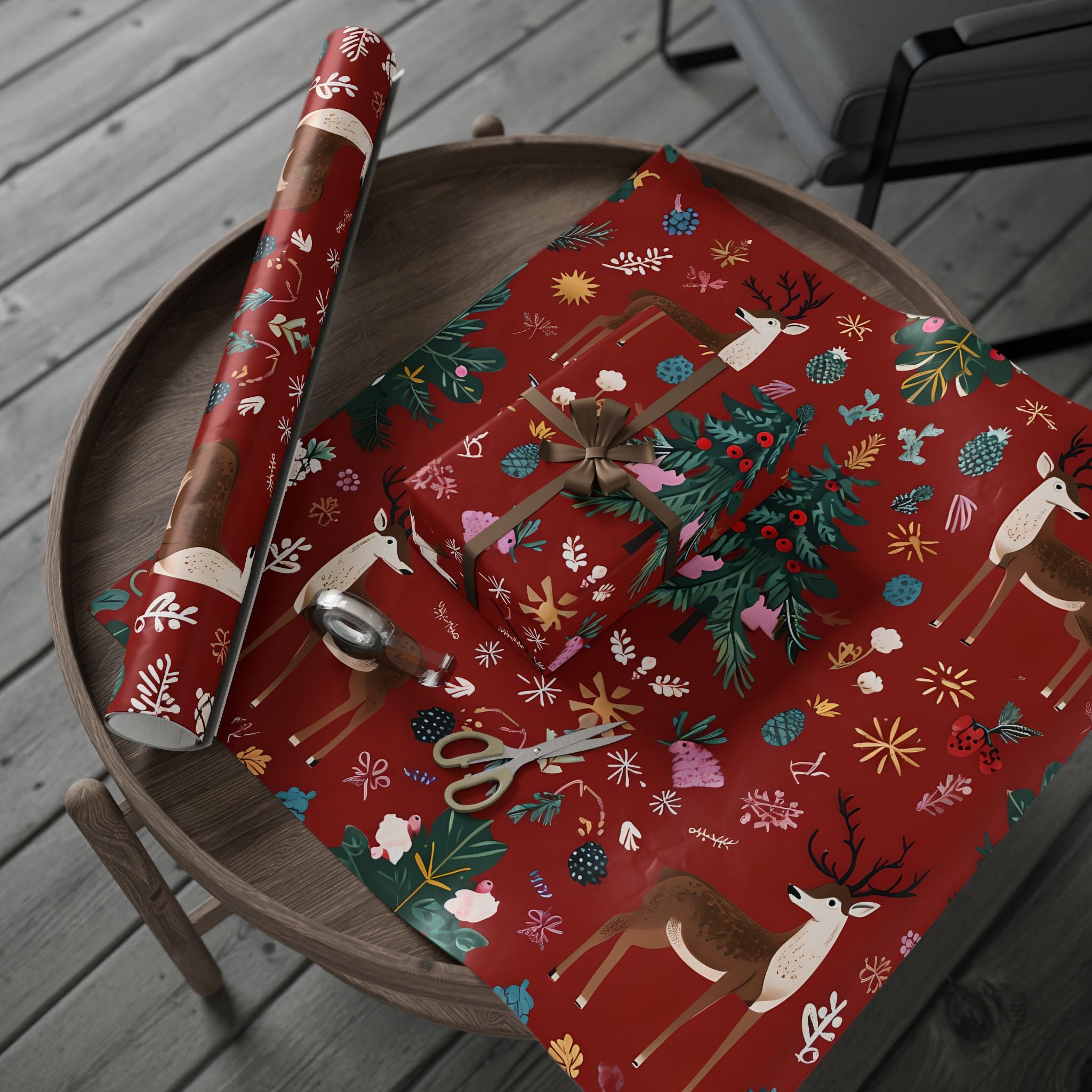 Christmas Reindeer Wrapping Paper Roll — Festive Red Holiday Gift Wrap with Trees & Ornaments