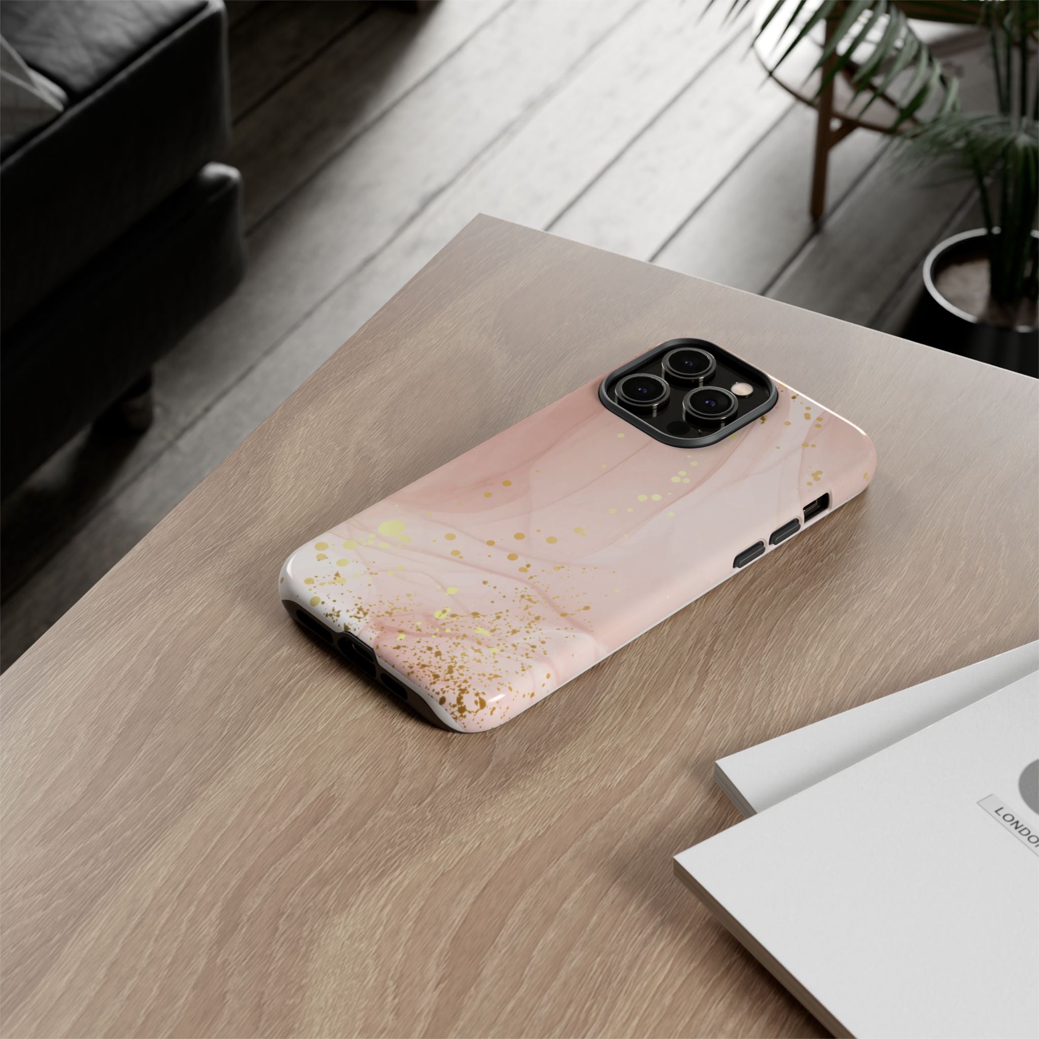 Rose Gold Marble Tough Case – Pink Marble Phone Case with Gold Glitter Accents