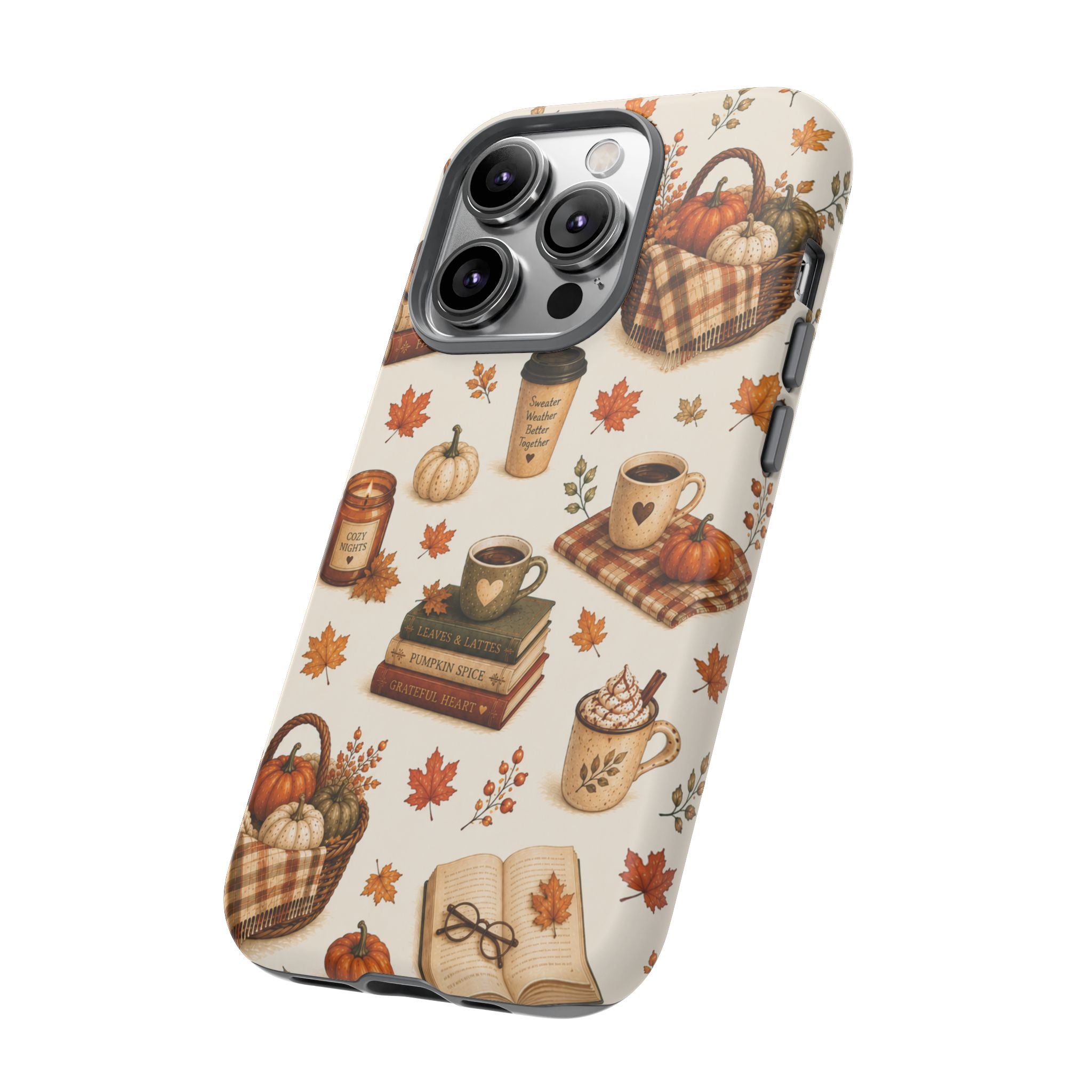 Autumn Cozy Phone Case — Fall Pumpkins, Coffee & Books Pattern