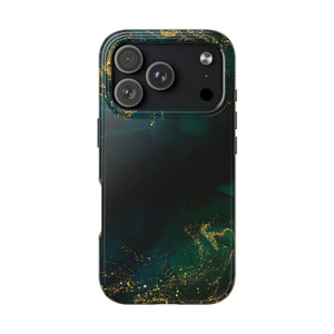 Emerald Marble Tough Phone Case — Dark Green & Gold Abstract Drop-Proof Cover