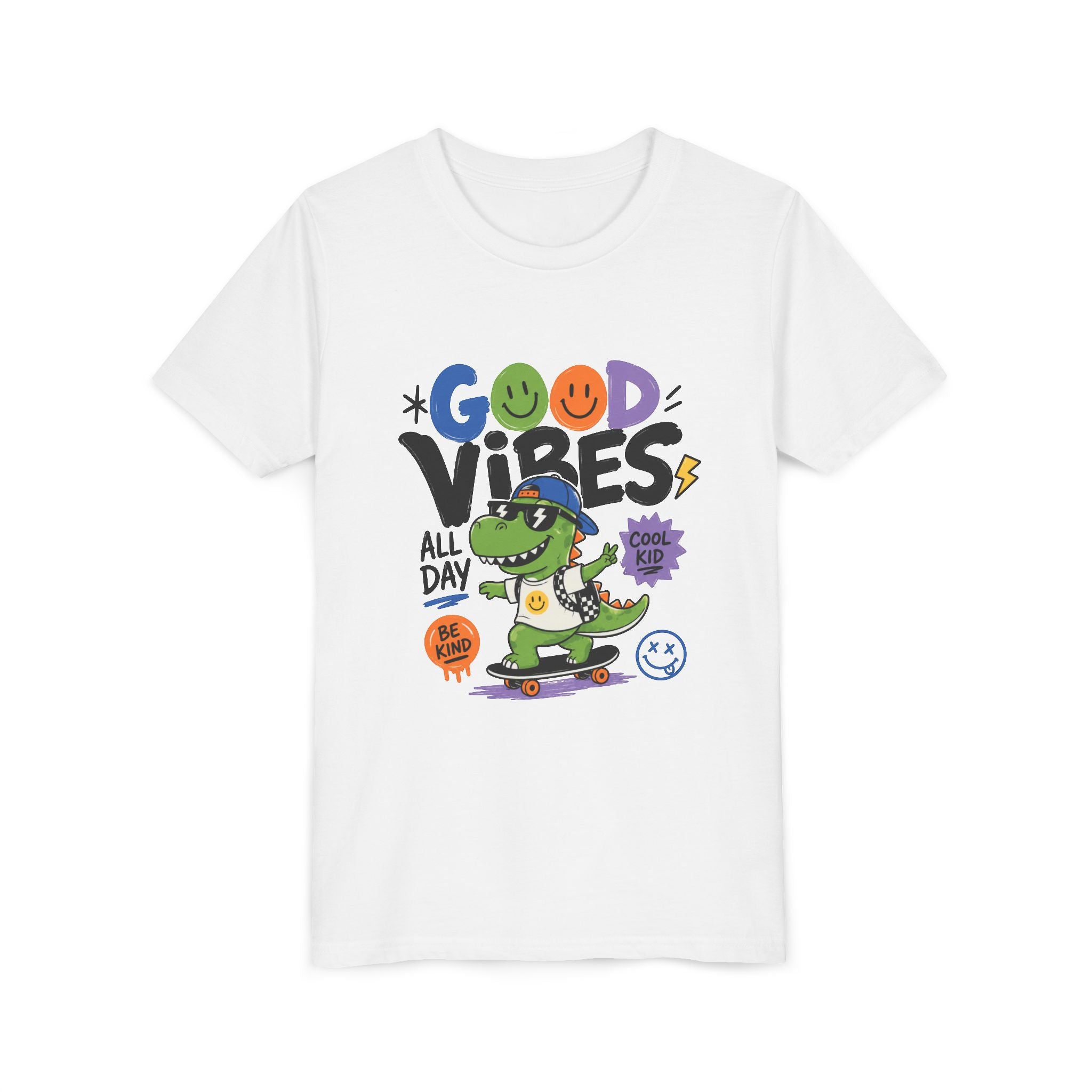 Good Vibes Skate Dino Youth Tee – Cool Kid Graphic Shirt