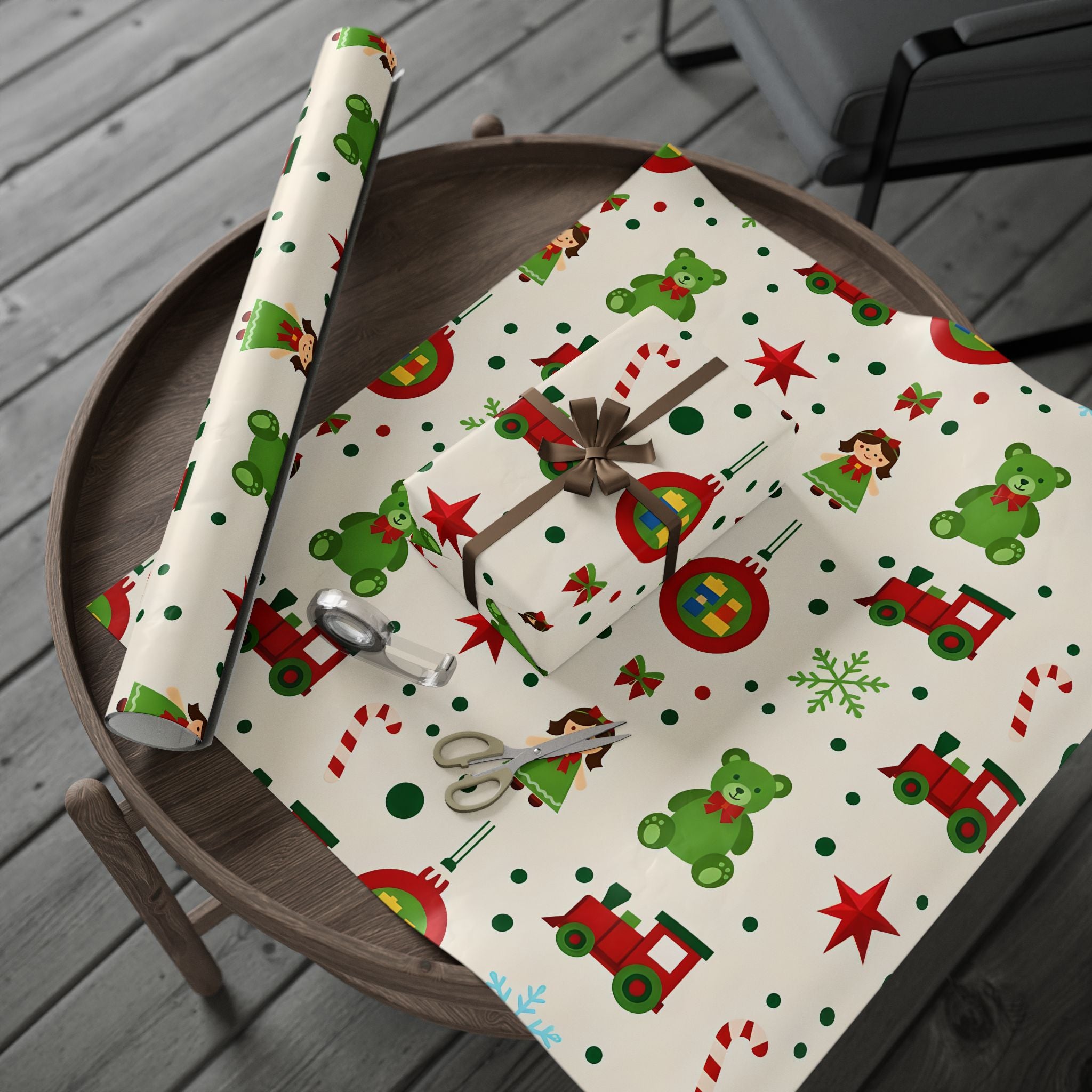 Christmas Stocking & Ornament Wrapping Paper Roll — Festive Red Green Holiday Gift Wrap
