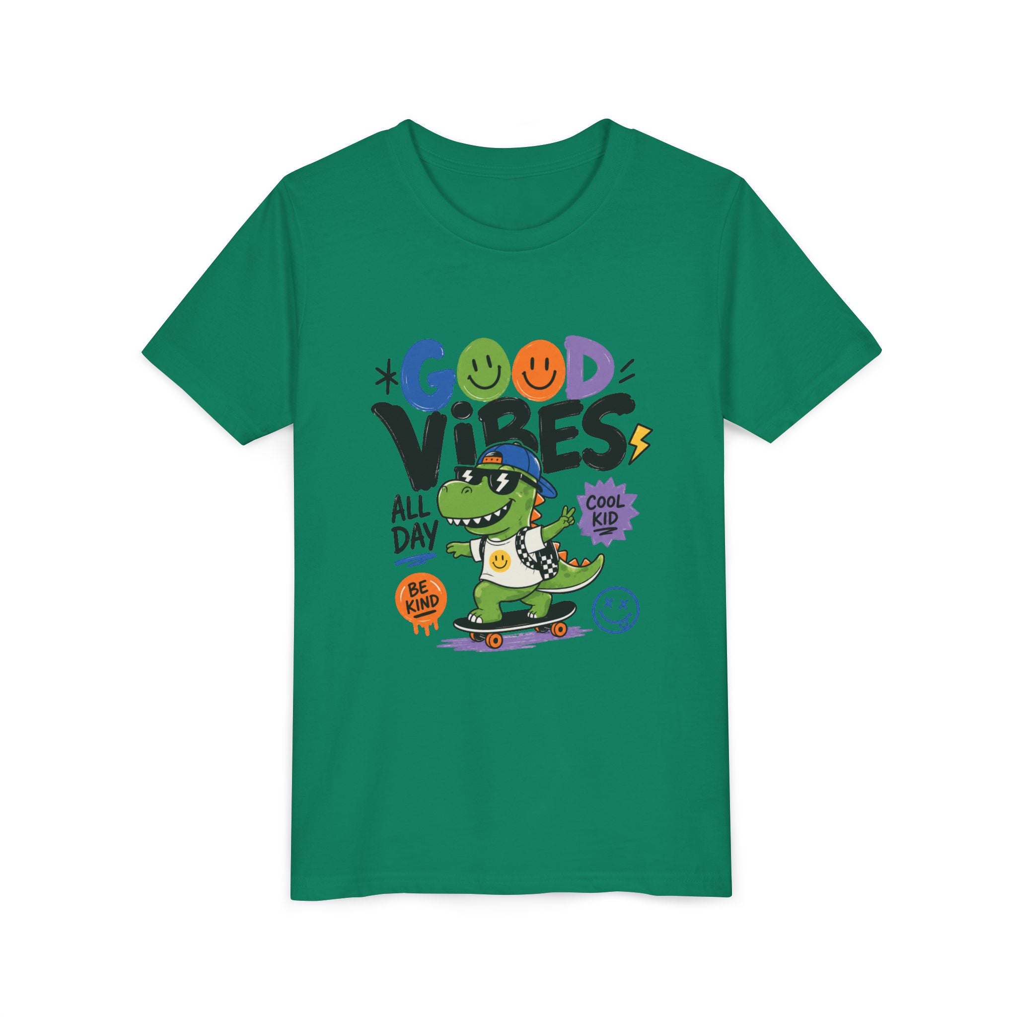 Good Vibes Skate Dino Youth Tee – Cool Kid Graphic Shirt