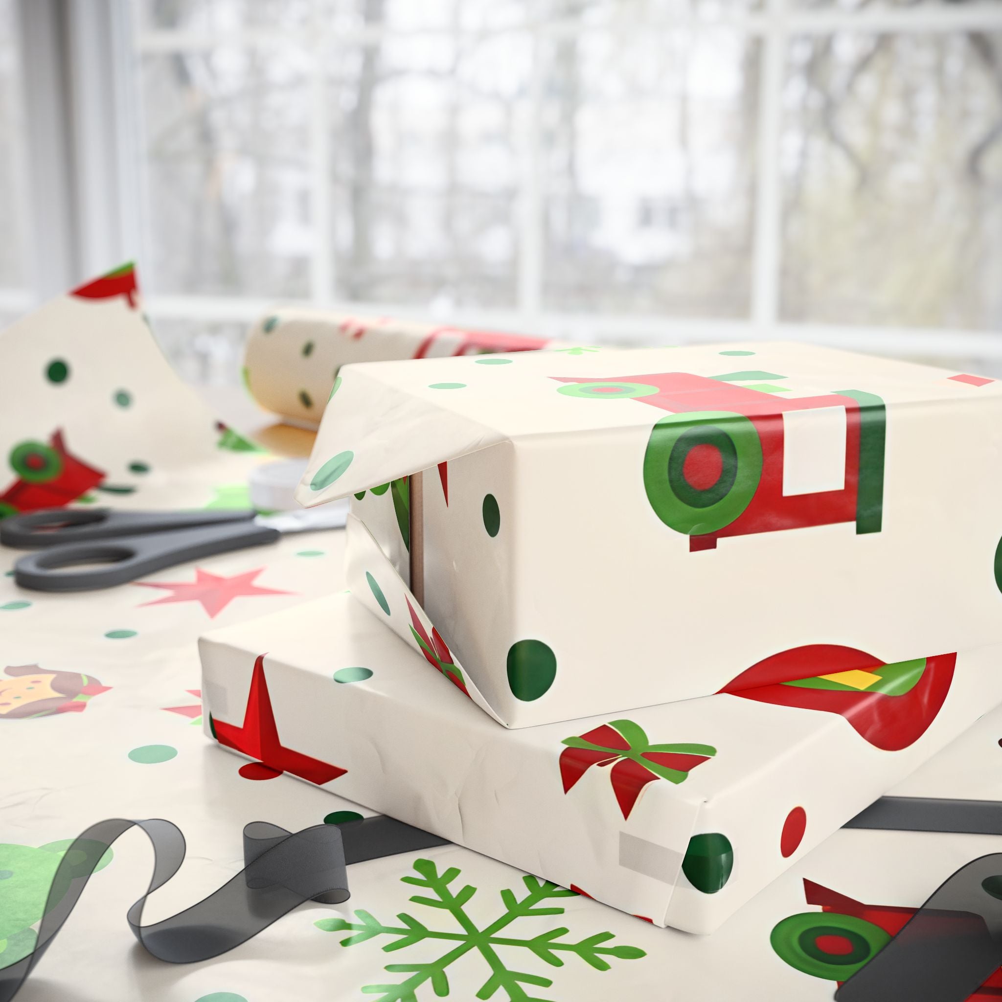 Christmas Stocking & Ornament Wrapping Paper Roll — Festive Red Green Holiday Gift Wrap