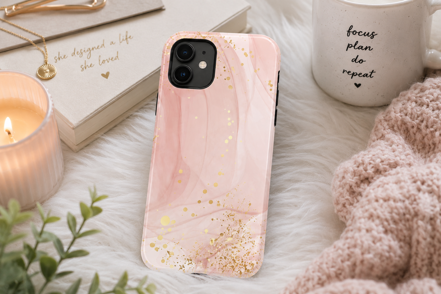 Rose Gold Marble Tough Case – Pink Marble Phone Case with Gold Glitter Accents