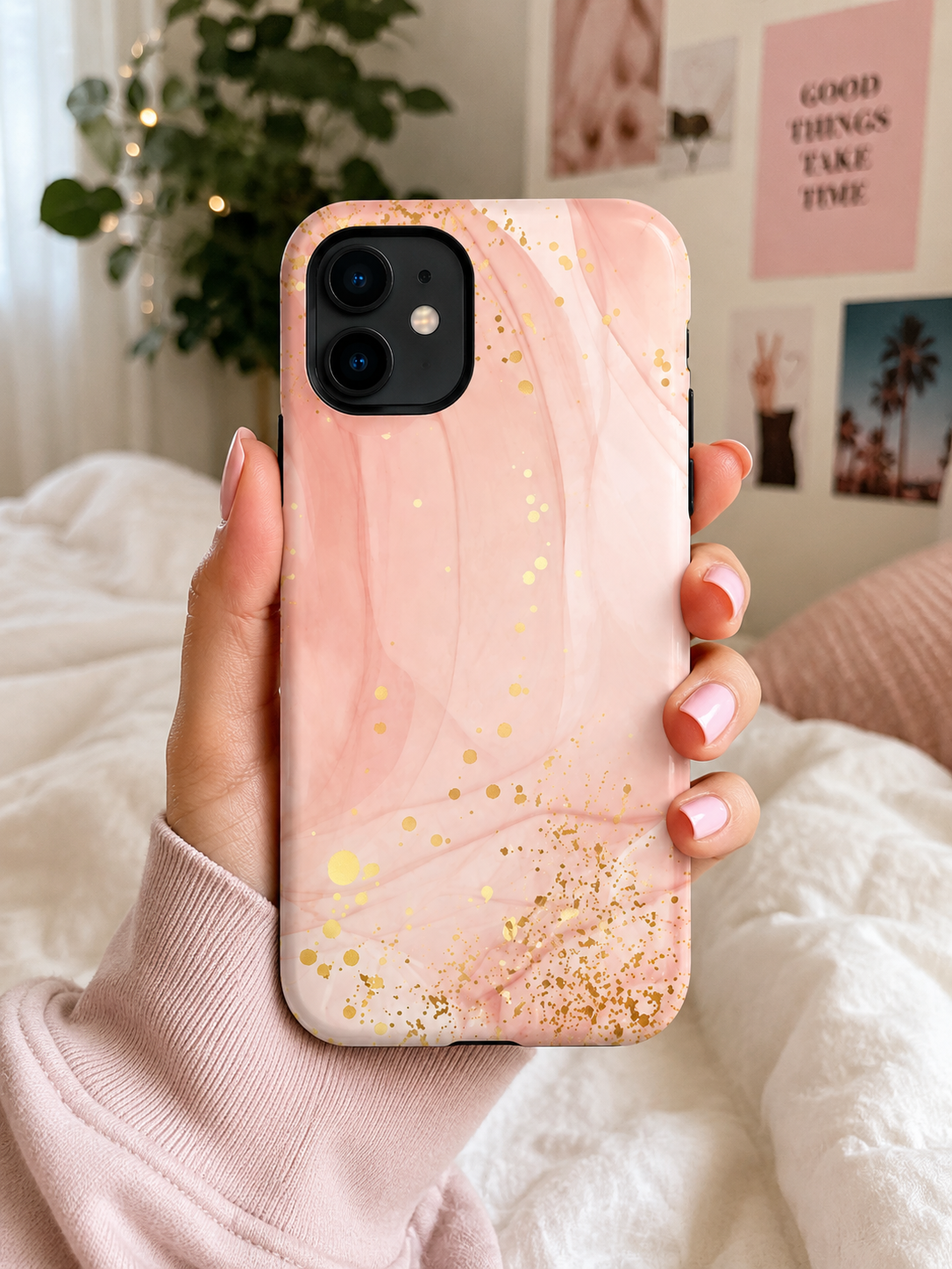 Rose Gold Marble Tough Case – Pink Marble Phone Case with Gold Glitter Accents