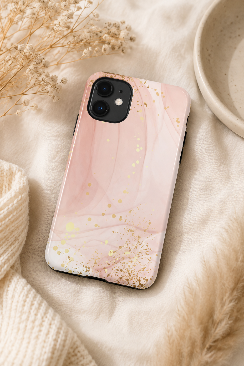 Rose Gold Marble Tough Case – Pink Marble Phone Case with Gold Glitter Accents