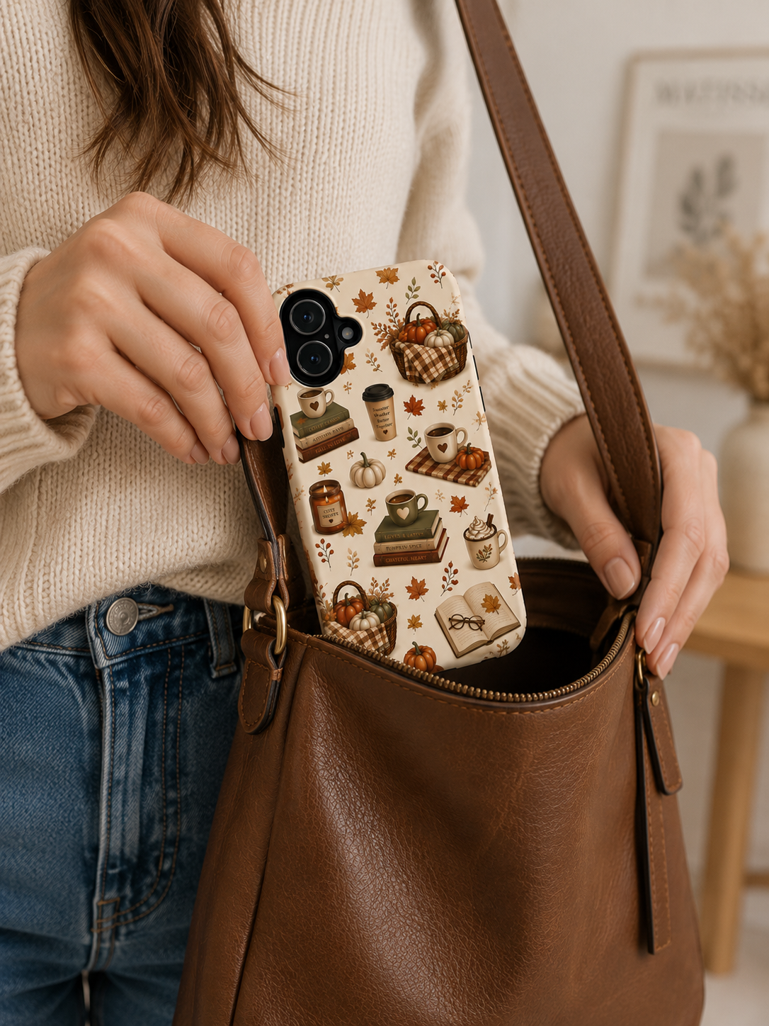 Autumn Cozy Phone Case — Fall Pumpkins, Coffee & Books Pattern