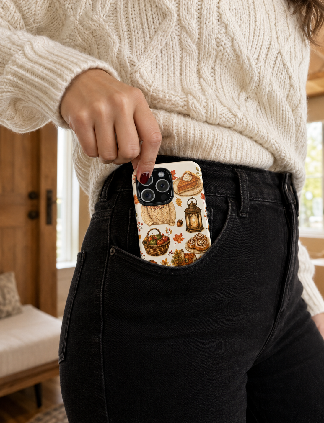 Autumn Cozy Phone Case – Fall Sweater, Pumpkin & Lantern Tough Case