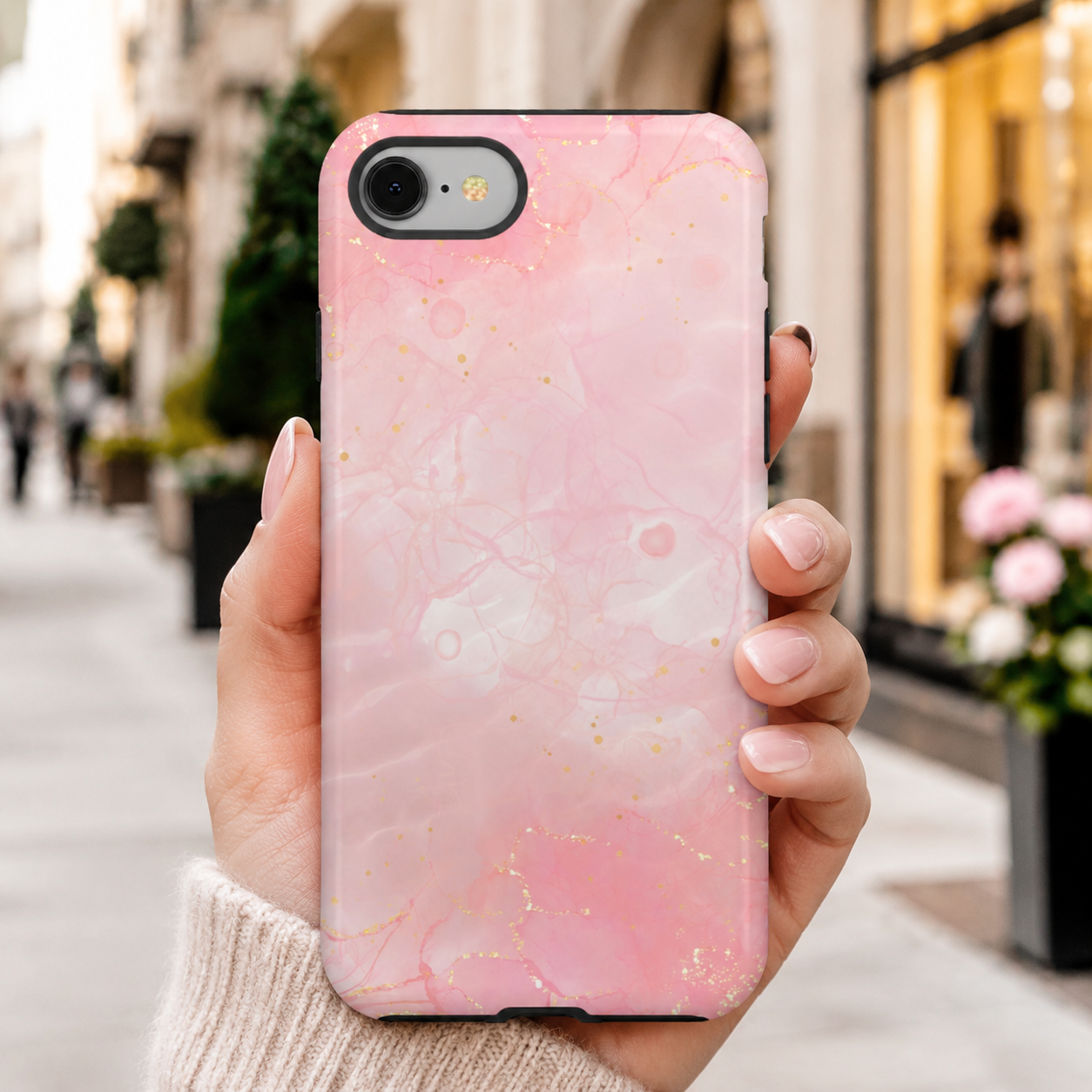Pink Marble Tough Phone Case — Protective iPhone Cover with Gold Vein Design