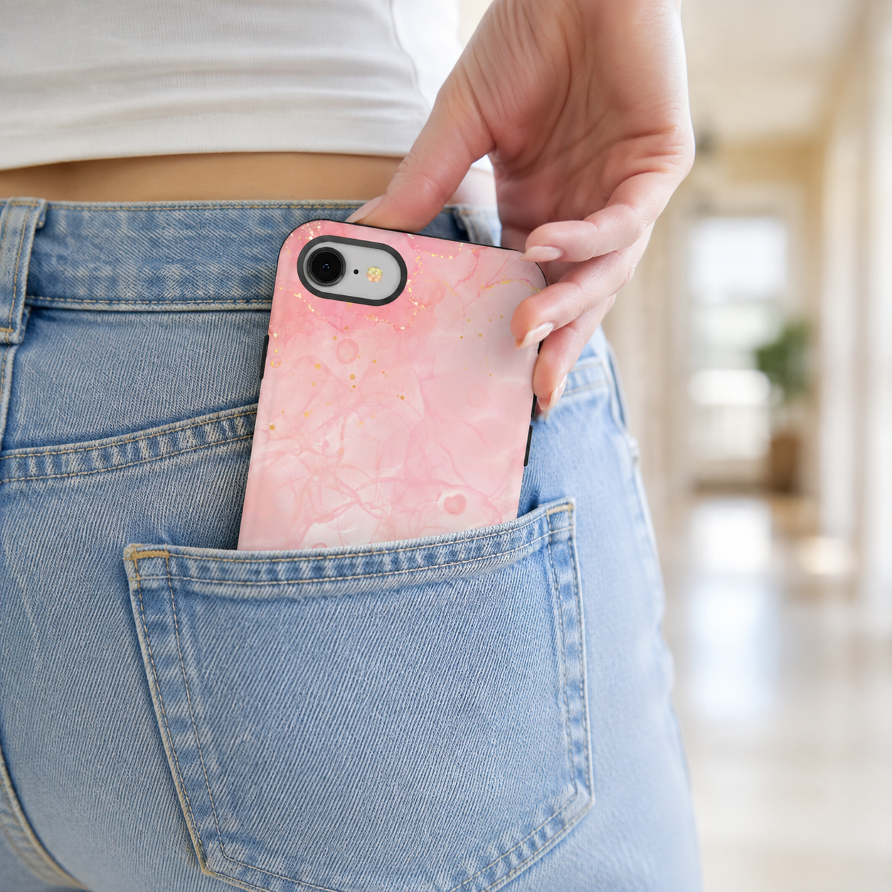 Pink Marble Tough Phone Case — Protective iPhone Cover with Gold Vein Design