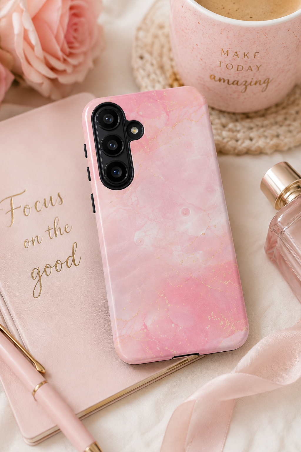 Pink Marble Tough Phone Case — Protective iPhone Cover with Gold Vein Design