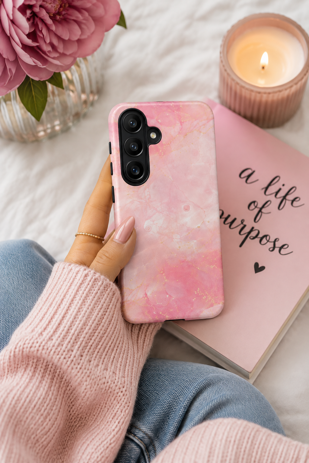 Pink Marble Tough Phone Case — Protective iPhone Cover with Gold Vein Design