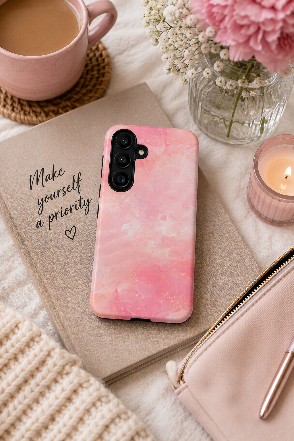 Pink Marble Tough Phone Case — Protective iPhone Cover with Gold Vein Design