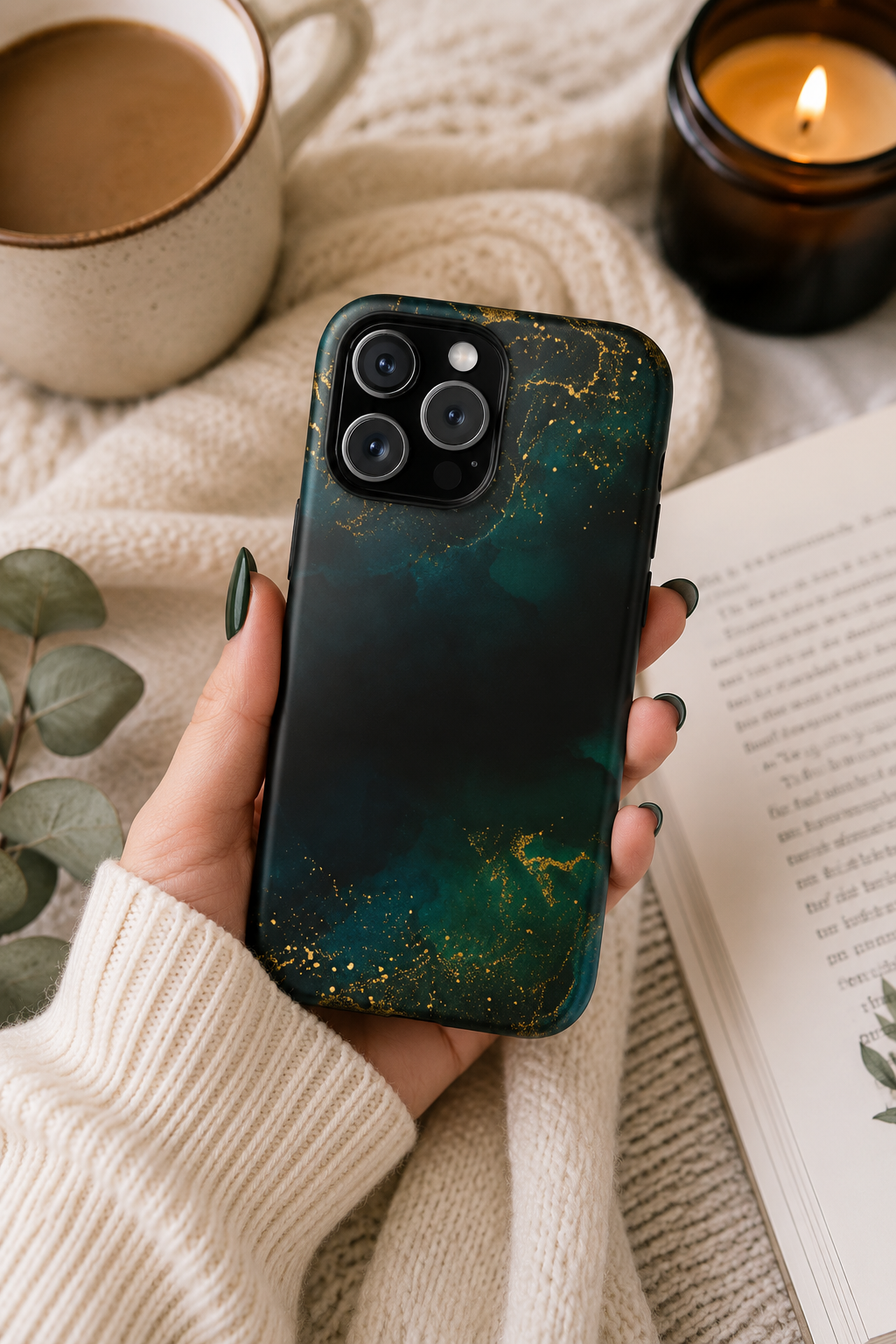 Emerald Marble Tough Phone Case — Dark Green & Gold Abstract Drop-Proof Cover