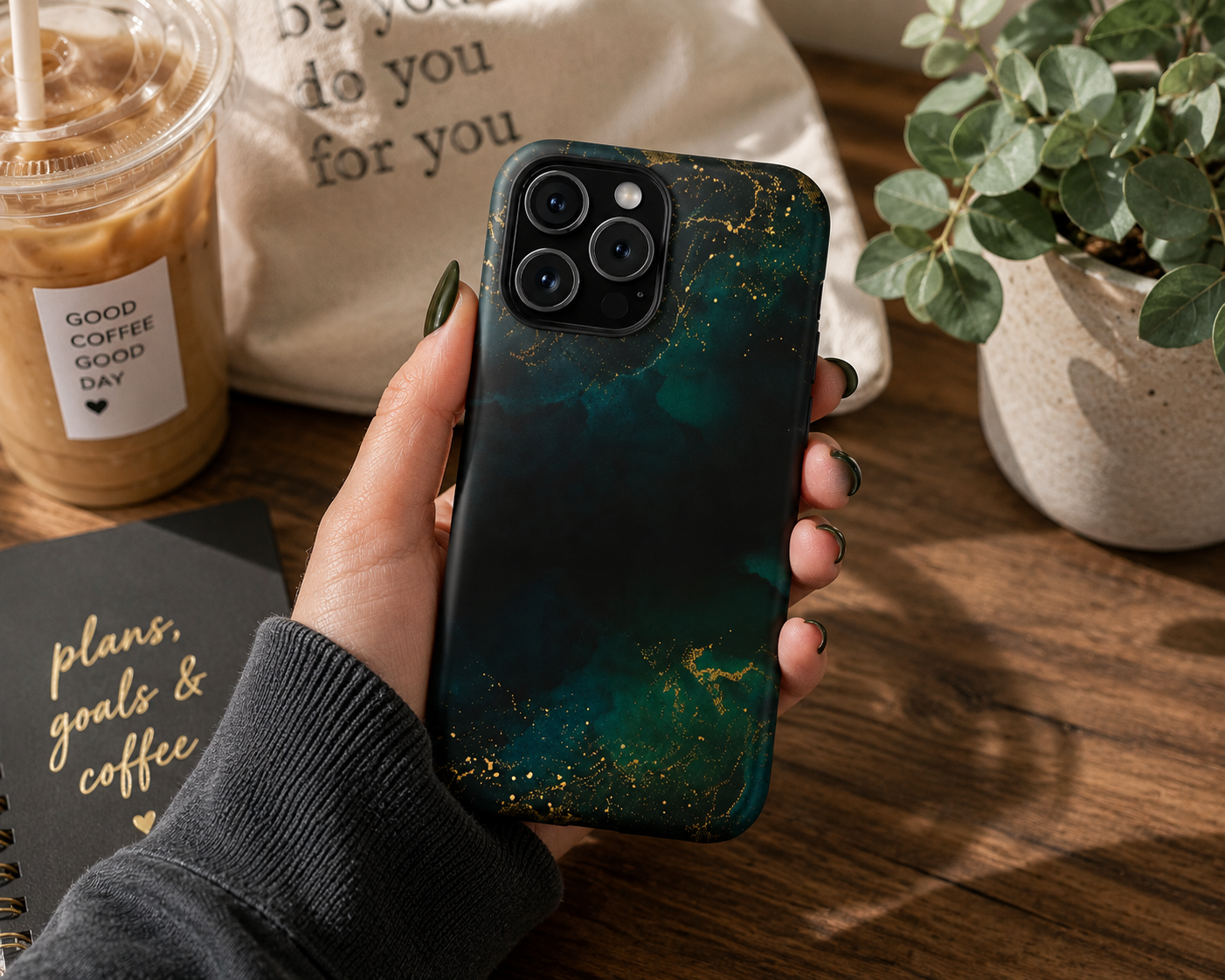 Emerald Marble Tough Phone Case — Dark Green & Gold Abstract Drop-Proof Cover
