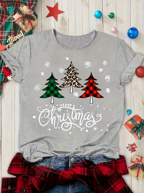 Women's Christmas Tree Print T-shirt Short Sleeve Round Neck Top for