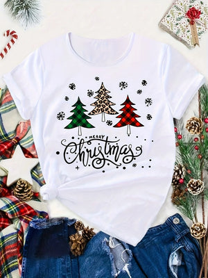 Women's Christmas Tree Print T-shirt Short Sleeve Round Neck Top for