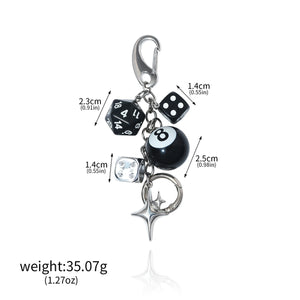 Hiphop Black Dice Billiards Keychain Y2K Lucky Dice Starburst Pendant