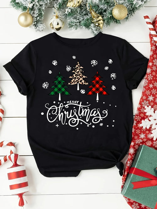 Women's Christmas Tree Print T-shirt Short Sleeve Round Neck Top for